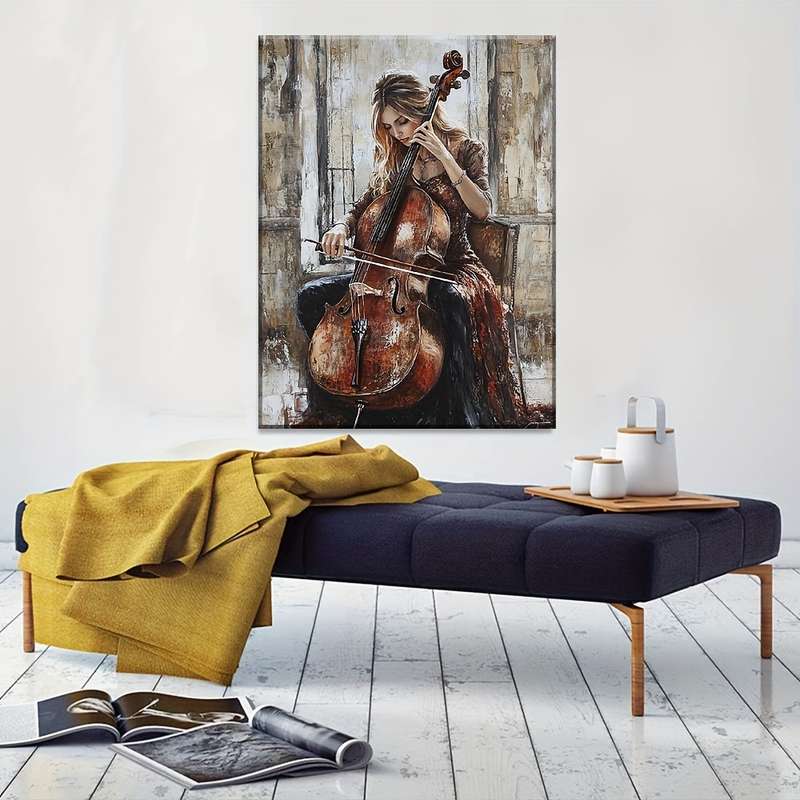 1pc Elegant Cellist Canvas Art Contemporary Fashion-Themed Woman Playing Cello High-Definition