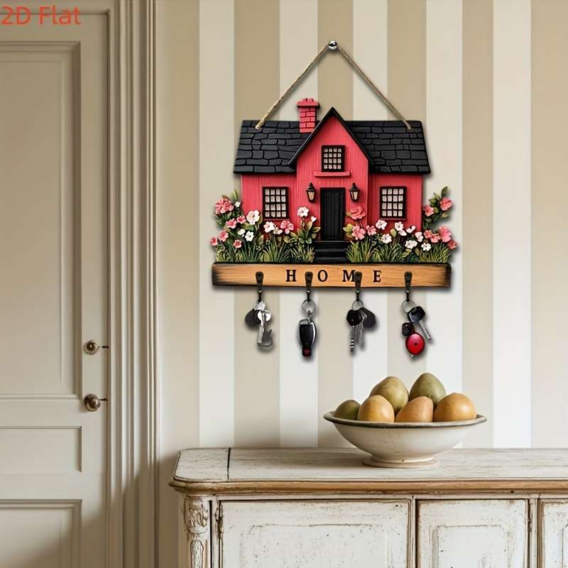 A Wooden Key Holder Featuring a Romantic Floral And Cottage Design with 4 Metal Hooks in a Bohemia