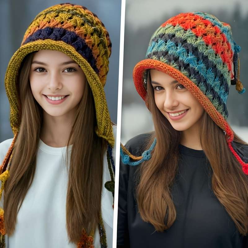 1pc New Autumn and Winter Bohemian Style Handmade Crochet Color Hat Thickened and Warm Dopamine K