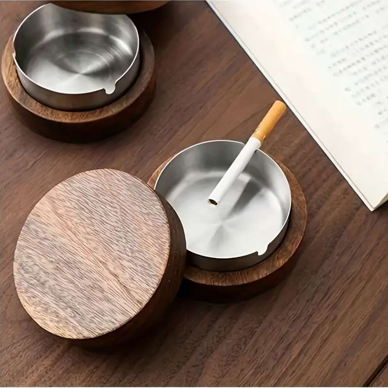 1pc Wooden Ashtray with Lid Round Stainless Steel Wood Design for Living Room and Office Us