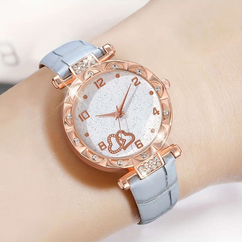 5pcs set Women's Quartz Watch Set Elegant Chic Shiny Rhinestones PU Leather Perfect Gift