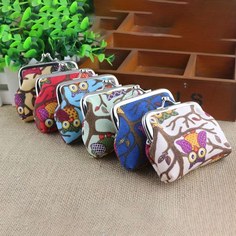 1pc Adorable Small Coin Purse Women's Canvas Owl Cartoon Coin Bag