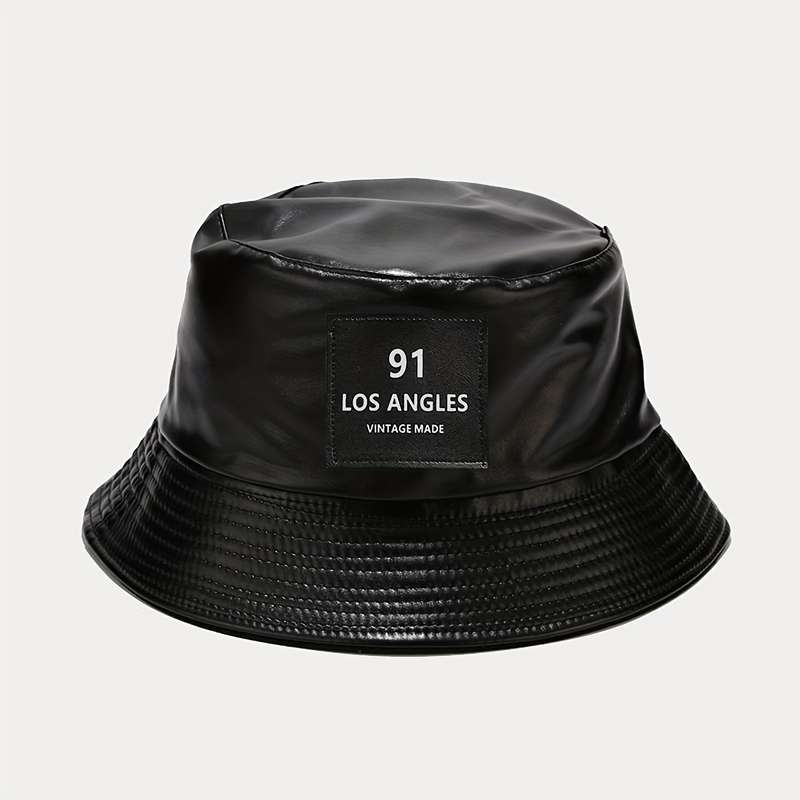 1pc 91 LOS ANGELES VINTAGE MADE Label PU Bucket Hat Breathable Sun Hat for Outdoor Sports V