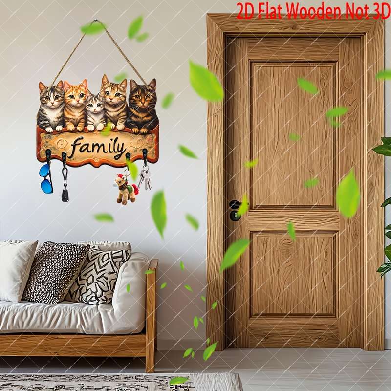 1pc Rustic Wooden "Family" Key Holder with Charming Cat IllustrationsBohemian Style Wall-Mounted