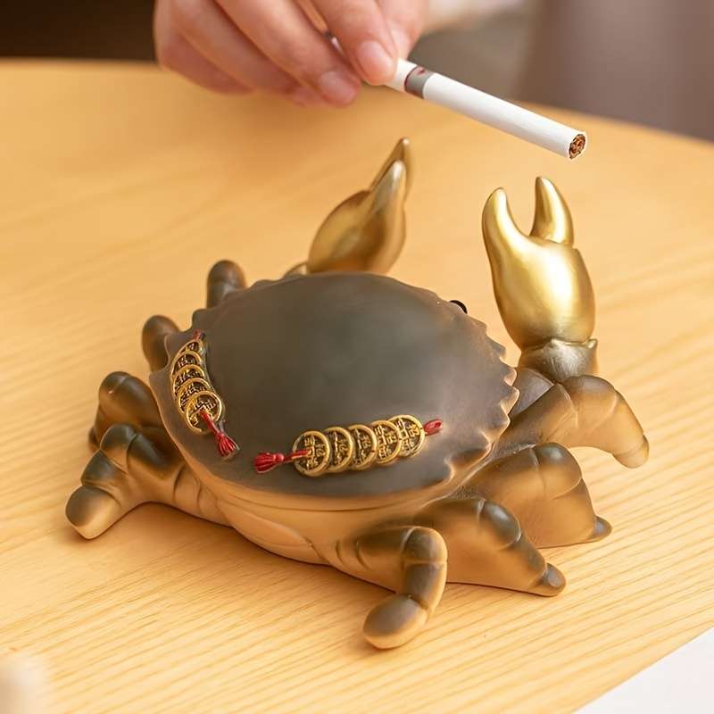 1pc Elegant Golden Crab Ashtray with Lid Durable Resin Modern Design for Home Office Decor Pe