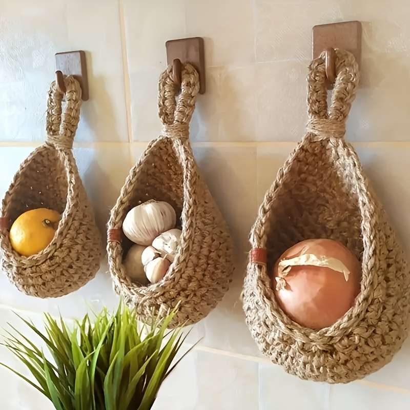 3pcs set of bohemian rope net wall hanging baskets linen hooks for storing fruits and vegetabl
