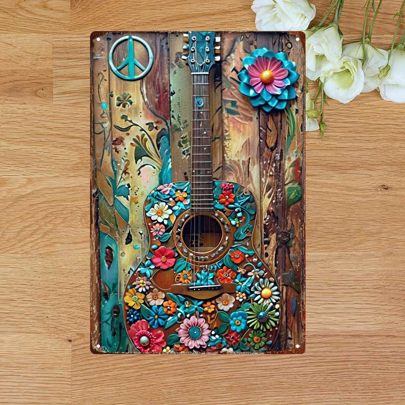 1pc 2D Flat  Hand-Painted Metal Wall Art Floral Guitar with Peace Symbols 20.32x30.48 cm Vib