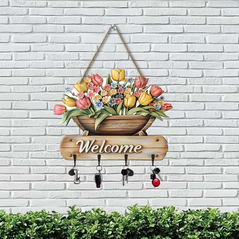 2D Flat 1pc flowers welcome simple colorful wood with home key hanger with four metal hooks (30.0