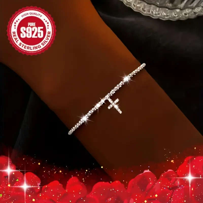3 Piece 925 Silver Necklace with Cross Pendant, Zirconia Necklace and Cross Pendant Bracelet