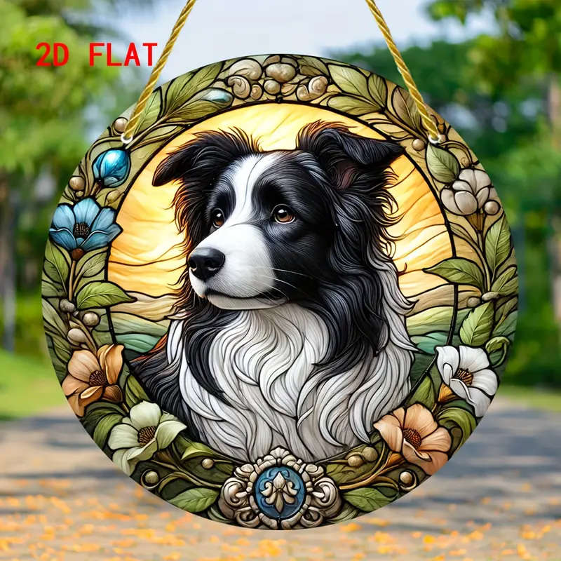 1pc 2D Flat 1pc Border Collie Round Sun Catcher Window Hanging Sign Acrylic Painted Art Decorative S