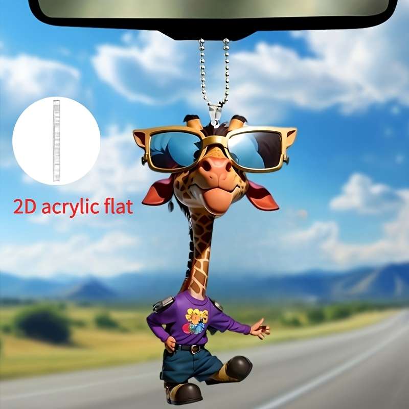 1pc 2D Flat  Car ornaments Cool Hip Hop Giraffe Car Pendant with Glasses- Fashion Accessories fo