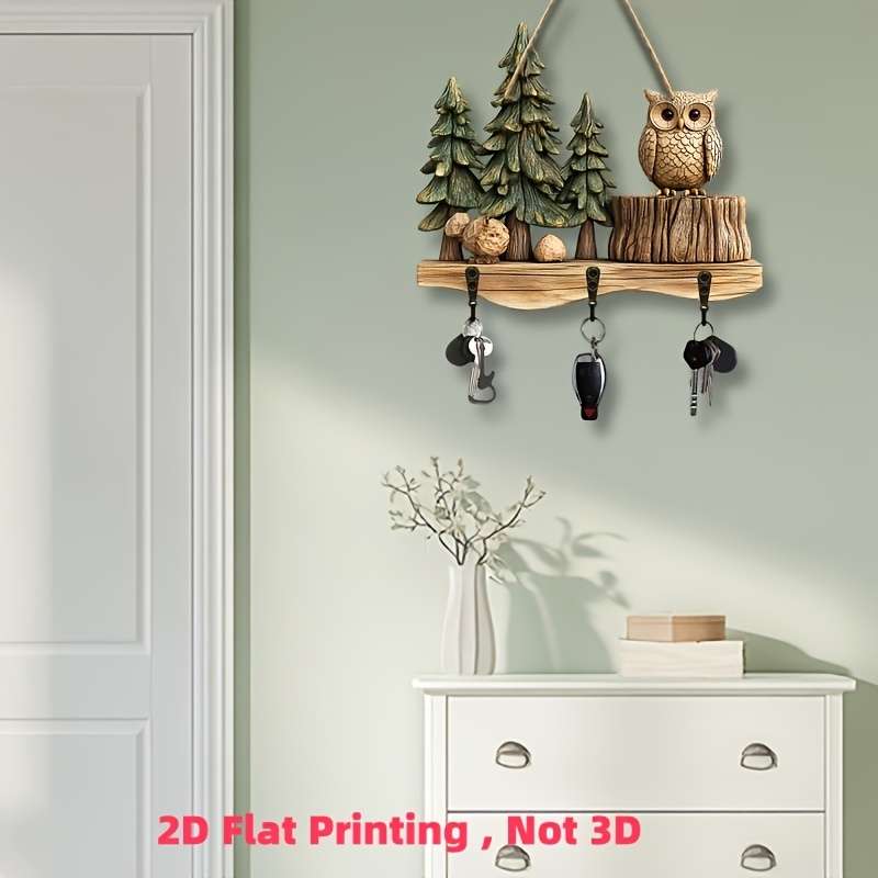 Charming 2D Crow and Forest Colorful Wooden Key Holder30.0cm x 24.99cm with 4 Metal Hooks Perfec