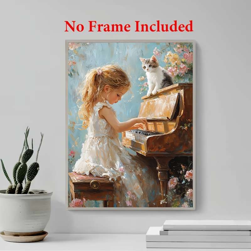 1pc  Oil on Canvas Frameless 30.48X40.64 cm Little Girl Playing The Piano Home Decoration