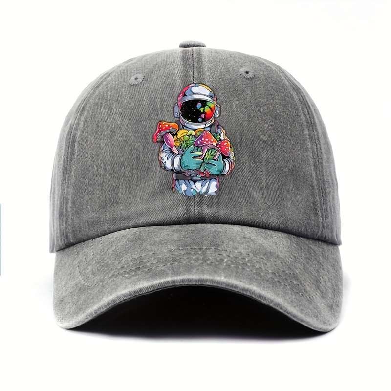 1pc Colorful Astronaut with Assorted Mushrooms Print Baseball Cap Vintage Fun Cotton Adjustable S