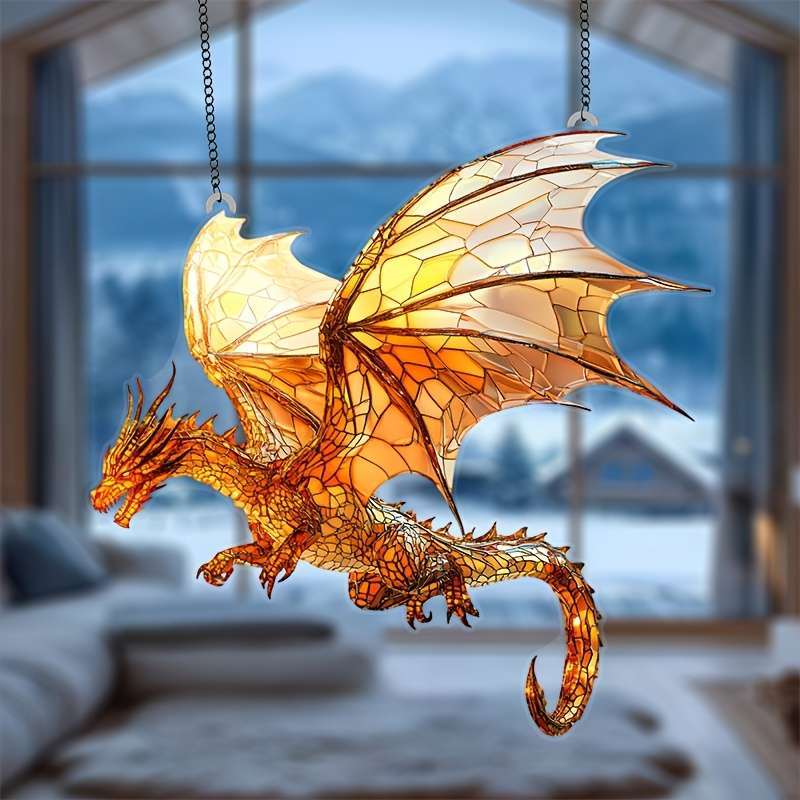 1pc 2D Flat  Flat Flying Dragon Sun Catcher 20.32cm x 20.32cm Acrylic Colorful Window Decoratio