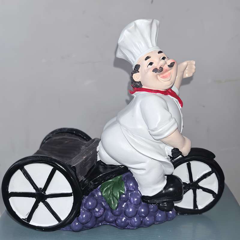 1pc Chef on Tricycle Wine Rack Resin Figurine with Red Hat White Apron Holds Wine Glasses