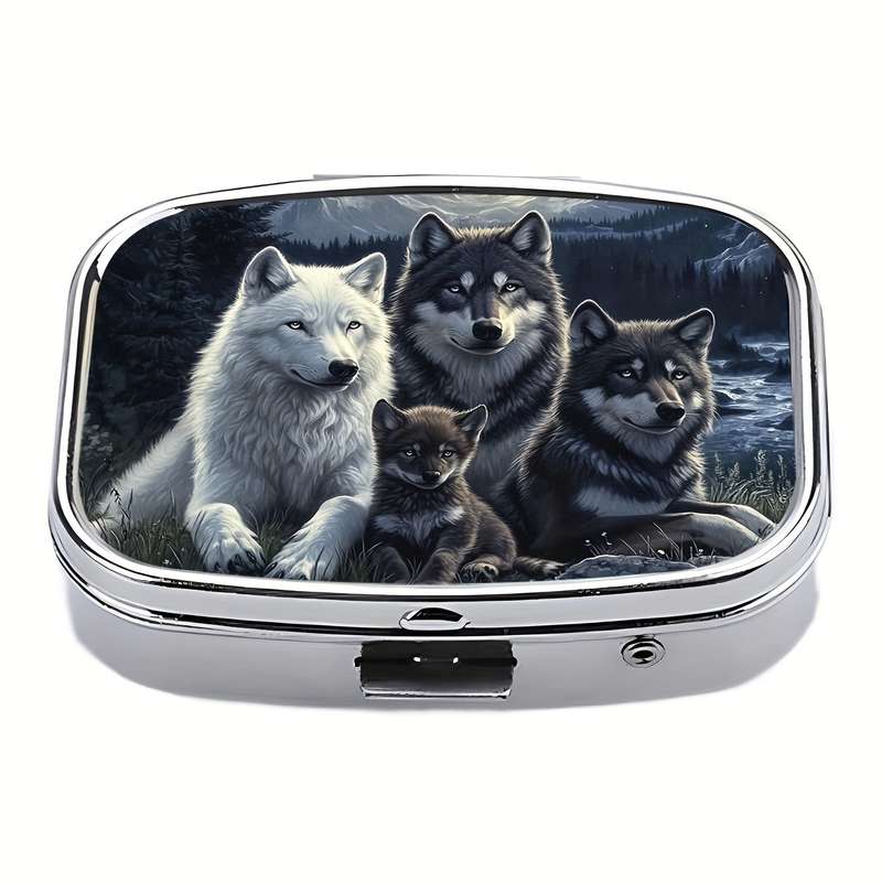 1pc Wolf Family Metal Pill Box C Portable Decorative Organizer with Realistic Wolf Artwork Com