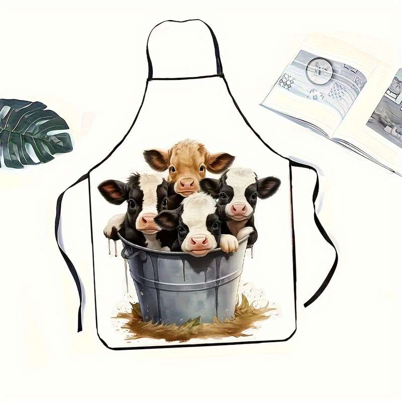 1pc Stylish Cartoon Cow Print Apron for Men Women Polyester Kitchen Dining Wear with Ador