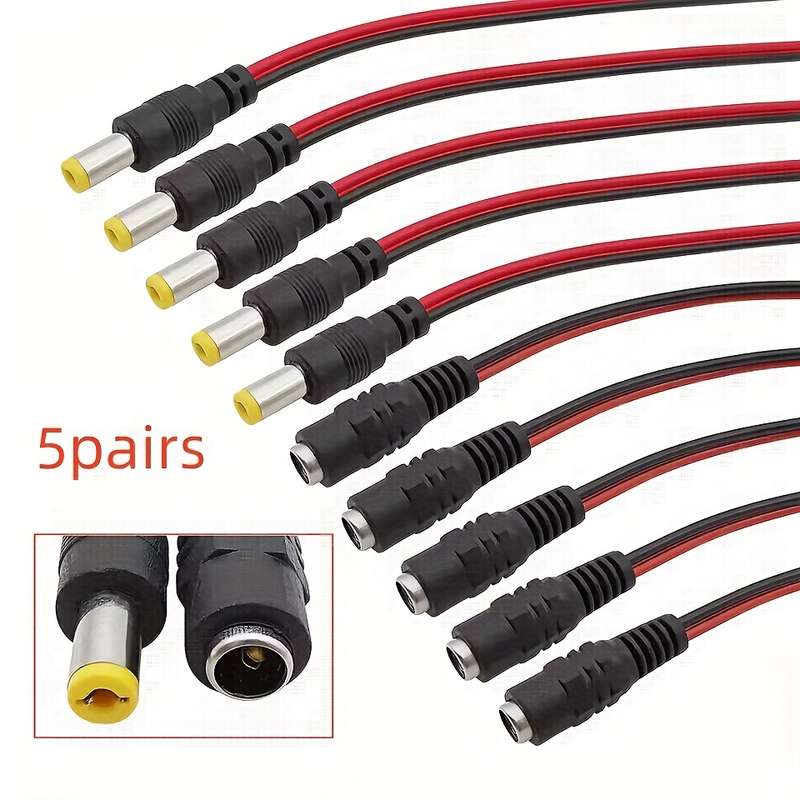 5 Pairs DC Power Male-Female Cables 12V Plug DC Adapter with ABS Resin 5.5x2.1mm Ideal for C