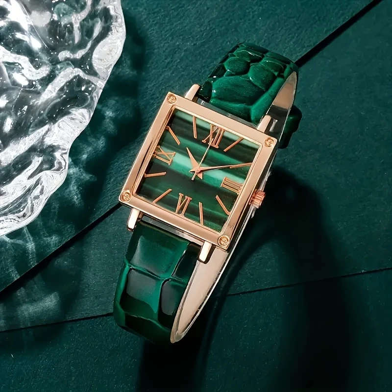 5pcs set Green Quartz Watches with PU Leather Strap Alloy Pointer Alloy Dial and Rhinestone Necklace