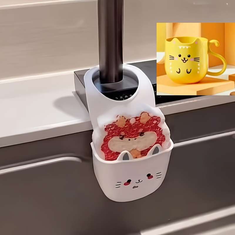 1pc Cute Cat Silicone Faucet Holder Sponge Storage Rack with Drainage Holes for Bathroom and K