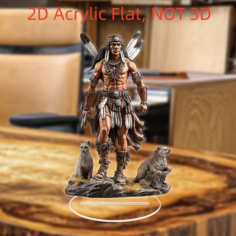 1pc 2D Flat  Bohemian Style  Acrylic Statue Native American Chief Wolf Scene Vintage Desk De