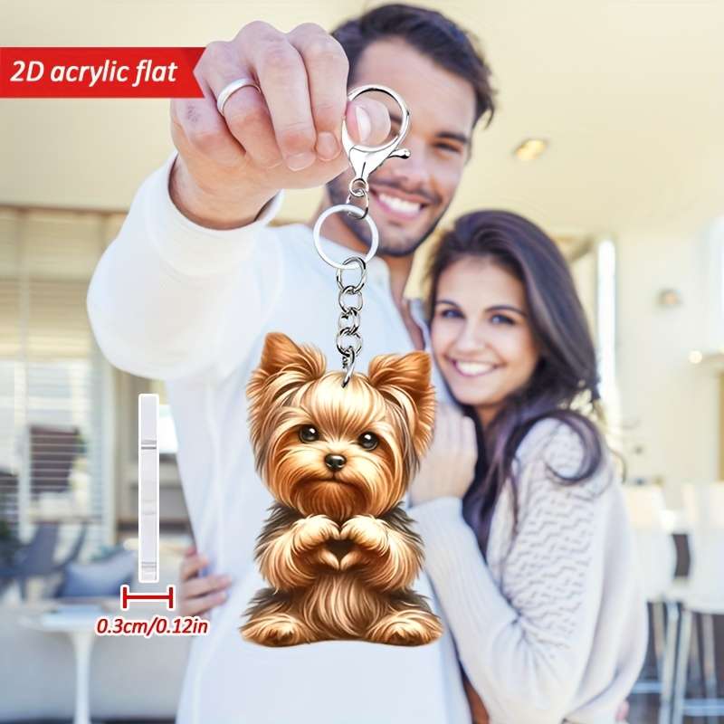 1pc 2D Flat   Cute Yorkshire Terrier Love Heart Pattern Keychain Novel Acrylic Design Key Chain