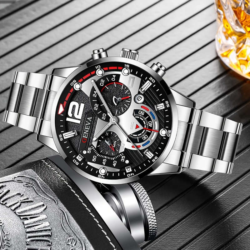 2pcs set Men'S Casual Quartz Watch Alloy Round Dial Battery Powered Electronic Movement Pointer Disp