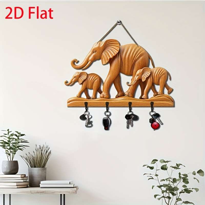 1pc Elephant Simple Colorful Wooden Keychain with Four Metal Hooks 30.0cm x 24.99cm 2D Farmhouse