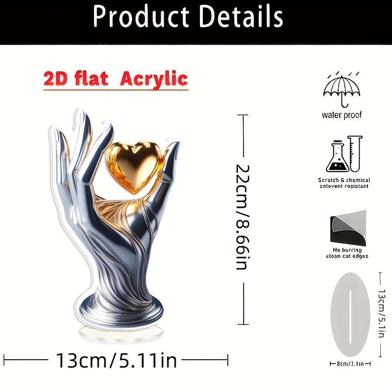 1pc 2D Flat  Luxurious  Acrylic Hand Holding Heart Decorative Sculpture Glossy Metallic Finish