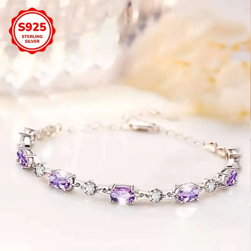 925 Sterling Silver Plated Purple Synthetic Zirconia Chain Bracelet