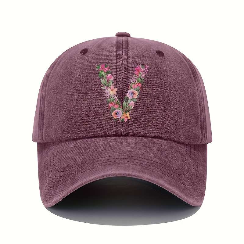 1pc Floral Letter V Print Baseball Cap Vintage Washed Cotton Hat Adjustable Sun Protection Cap wi