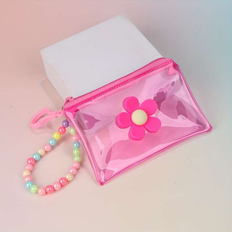 1pc Trendy Transparent PVC Coin Purse with Beaded Chain Compact Key Card Holder Zip Closure E