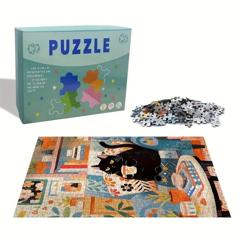 1000pcs Jigsaw Puzzle for Adults Families Black Cat Enjoying Coffee Design Woode