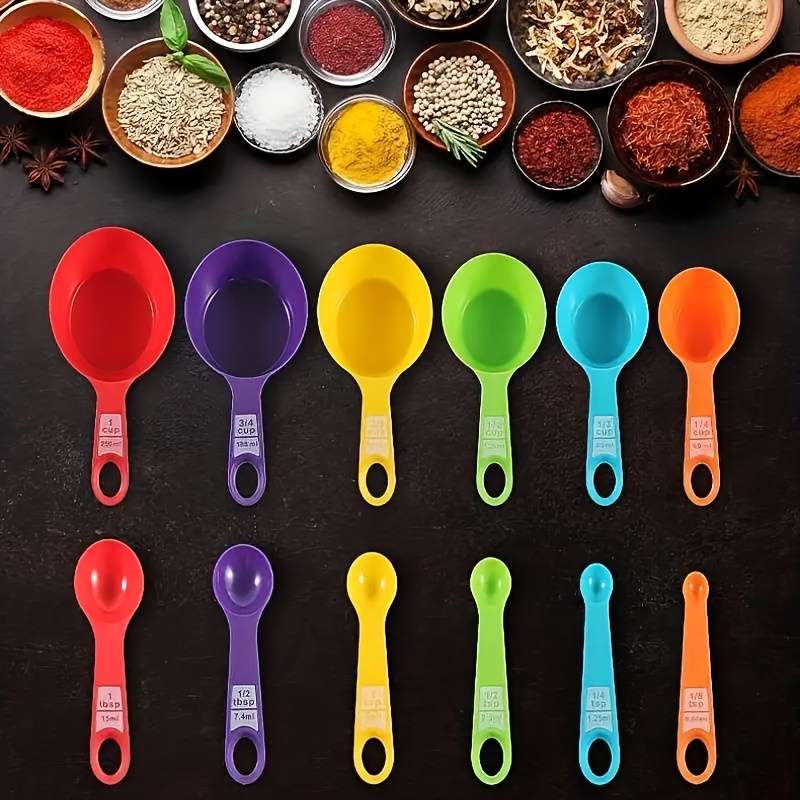12-Piece Set Assorted Colors Plastic Measuring Cups and Spoons for Flour Milk Powder Coff