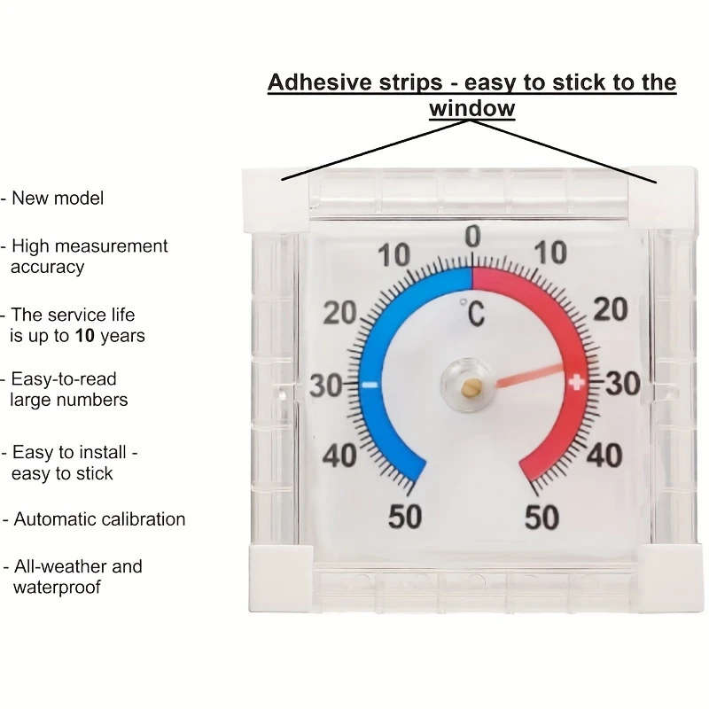 1pc Self-Adhesive Thermometer -50°C to 50°C High Precision Plastic Indoor Outdoor Wall Mount