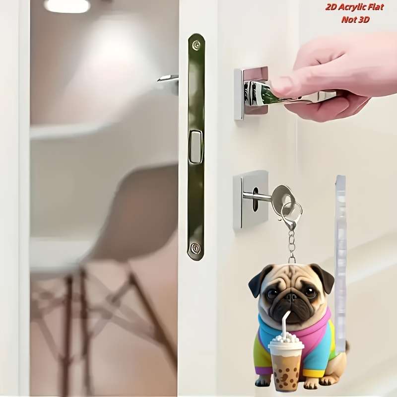 1pc 2D Flat  Acrylic Pug Keychain with Boba Tea Dual-Sided Cartoon Dog Charm 5cm 1.94 Inches I
