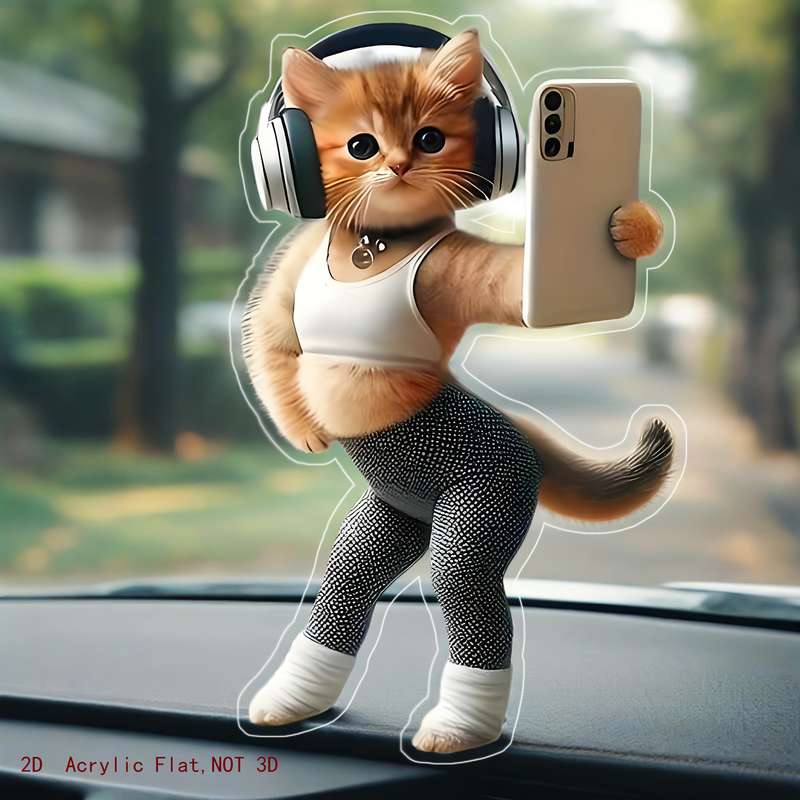 1pc 2D Flat  Printing Cute Fitness Kitten Pendant Acrylic Car Interior Pendant Home Bedroom Pendant