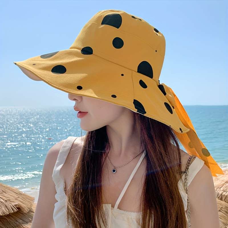 1pc Stylish Polka Dot Summer Sun Hat Wide Brim UV Protection Bucket Hat for Women Yellow wit
