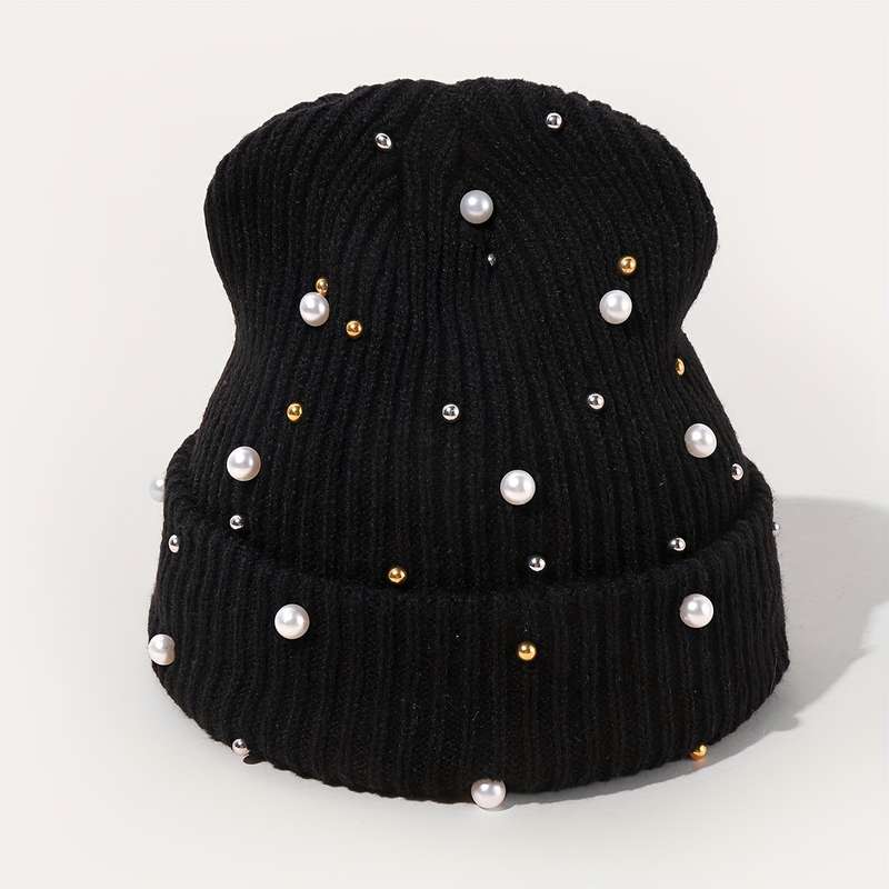 1pc of Women'S Fashion Pearl Decorated Knitted Hat Without Brim Suitable for Autumn And Winter