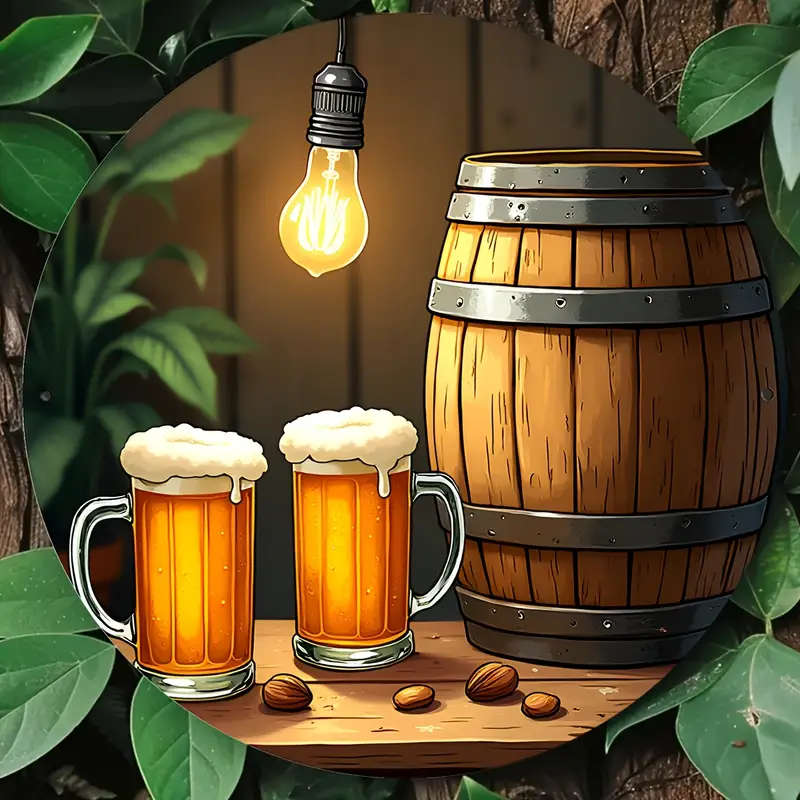 1pc Vintage Aluminum Wall Art Rustic Wooden Barrel with Bulb Lighting Beer-Themed Decor for Home Off
