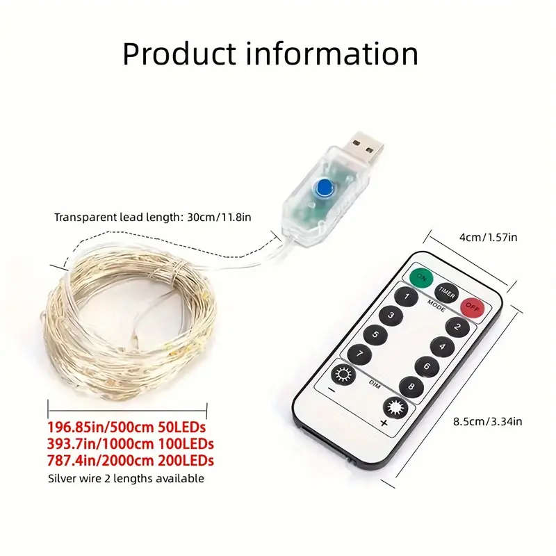 1pc USB Silvery Wire Light String 20m Multicolor