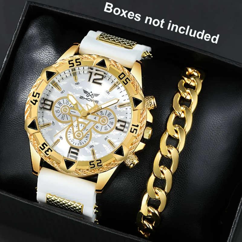 2pcs set Fashionable Men'S Quartz Watch and Bracelet Combo Shock-Resistant Analog Round Alloy Case
