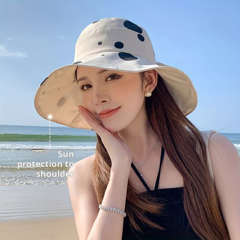 1pc Stylish Polka Dot Summer Sun Hat Wide Brim UV Protection Bucket Hat for Women Yellow wit