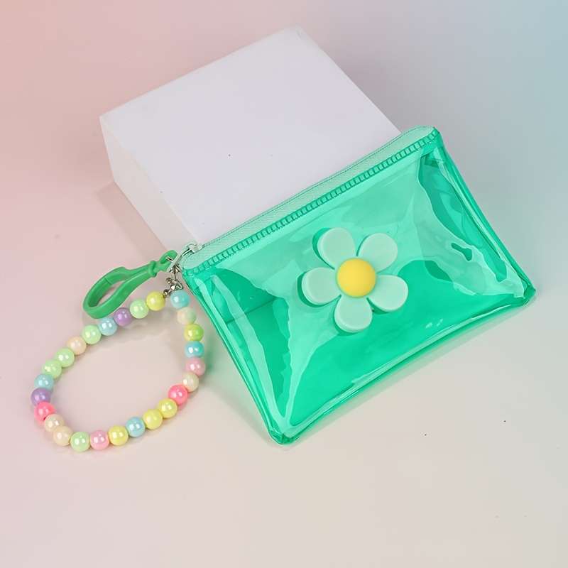 1pc Trendy Transparent PVC Coin Purse with Beaded Chain Compact Key Card Holder Zip Closure E