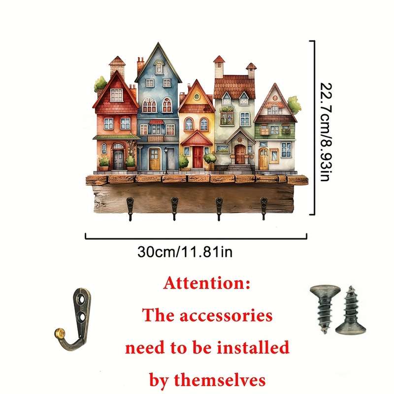 1pc Rustic Wooden Key Hanger with 4 Metal HooksColorful Village Scene Wall Decor 30.0cm x 22.68c