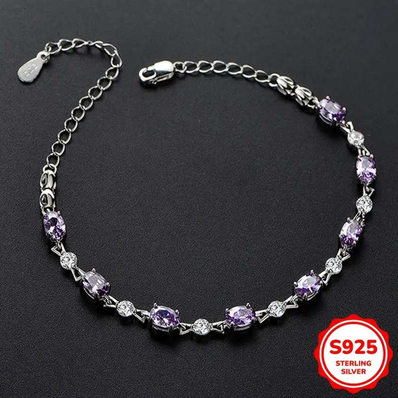 925 Sterling Silver Bracelet with Purple Cubic Zirconia - Bohemian Style