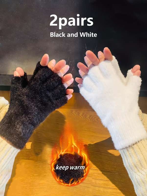 1 Pair Black White One Size Warm Gloves