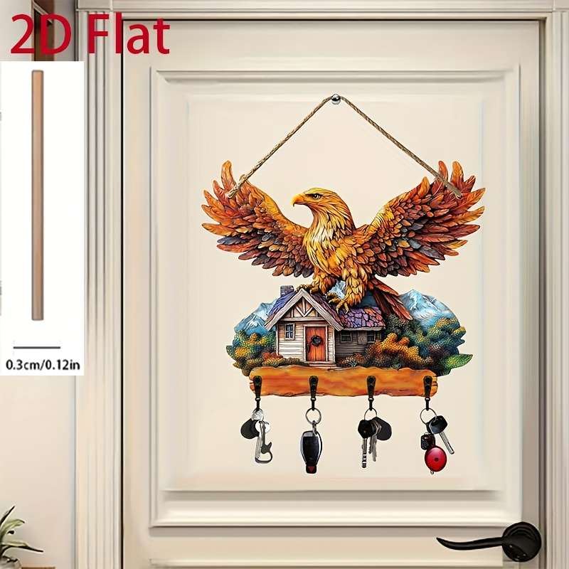 2D/Flat Surface 1pc Swan Guardian Simple Colorful Wooden and Home Key Holder with Four Metal Hooks