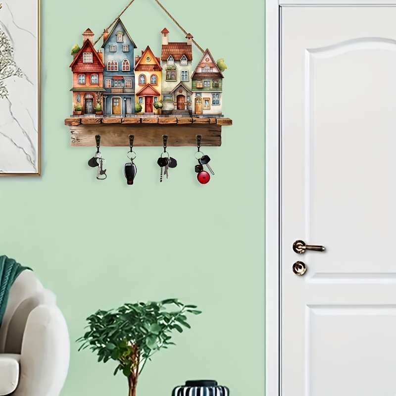 1pc Rustic Wooden Key Hanger with 4 Metal HooksColorful Village Scene Wall Decor 30.0cm x 22.68c